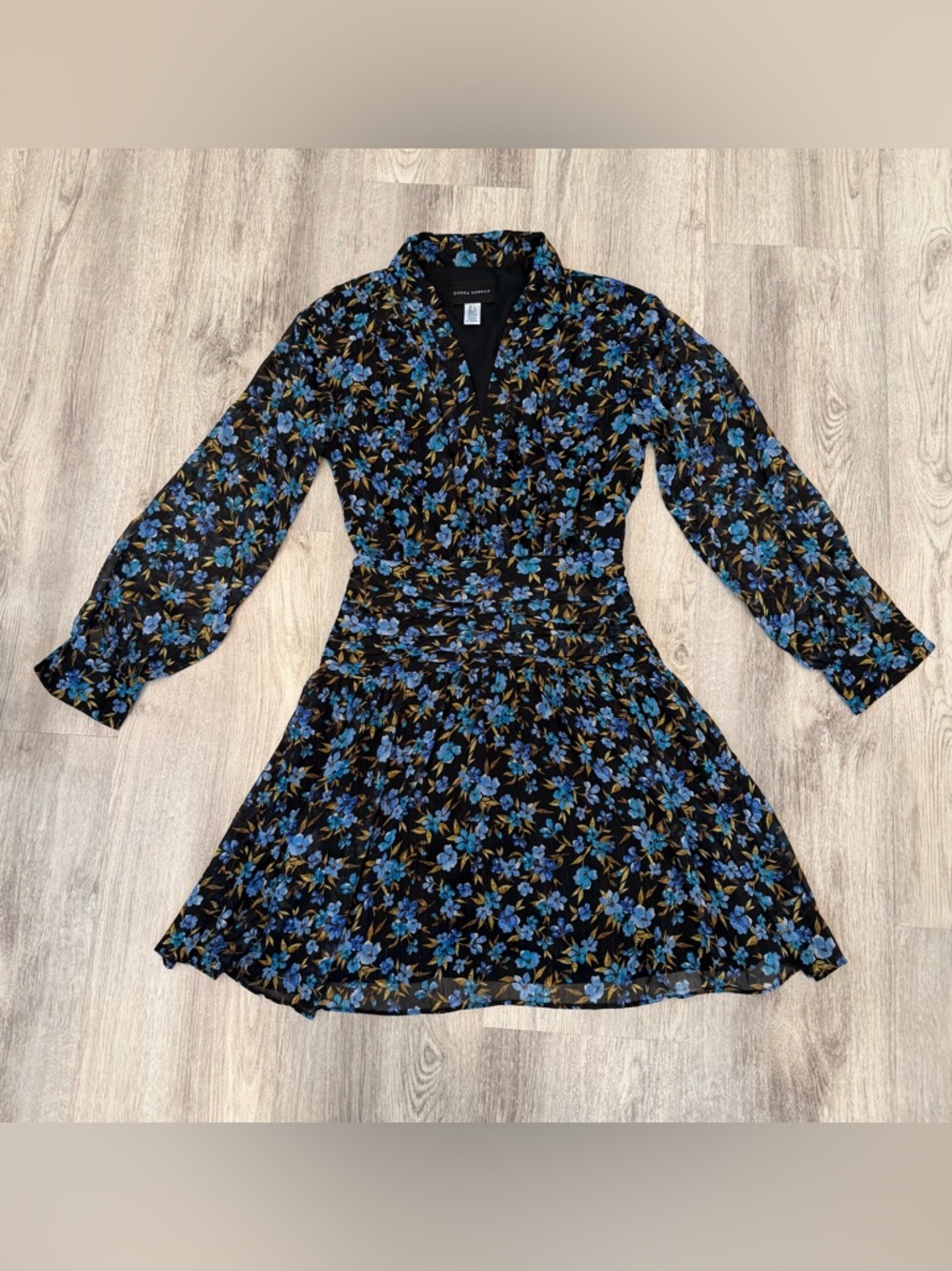 Donna Morgan Black Blue Floral‎ Mini Dress Sheer Sleeve Fit & Flare
